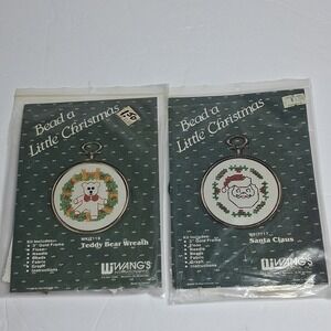 Vintage Beaded Cross Stitch Ornament Kits Set of 2 Christmas Santa Teddy Bear